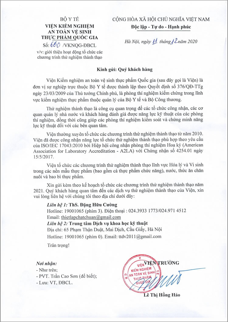 Kế hoạch tổ chức chương trình thử nghiệm thành thạo năm 2021