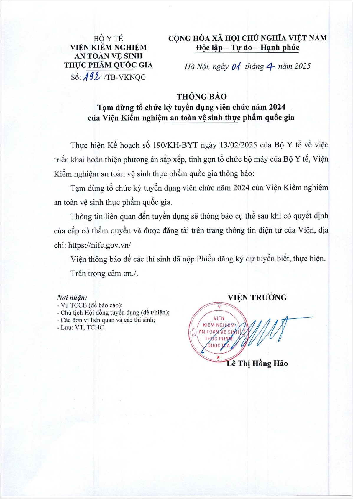 Thông báo tạm dừng tổ chức kỳ tuyển dụng viên chức năm 2024 của Viện liên minh okvip okvip vệ sinh okviphoatdong quốc gia